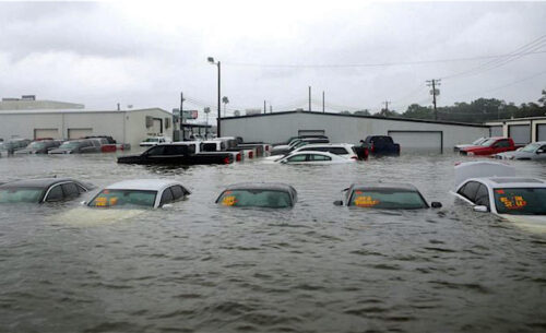 Flood-damaged cars flooding in