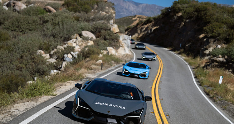 Lamborghini SHEdrives a Lambo event in Palm Springs featuring female owners with Revuelto, Urus SE, and Huracán models under the desert sun.